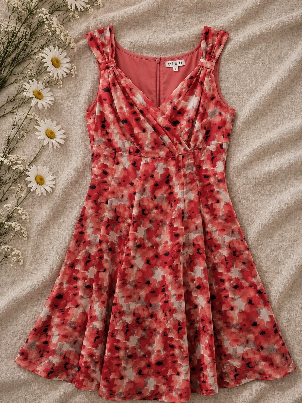 Cleo Floral Fit Flare Dress Pink Coral Cotton Blend Lined Made In Canada